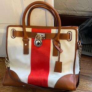 MICHAEL Michael Kors Red Stripe and Brown Leather Satchel